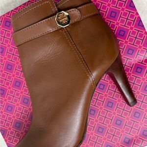 Tory Burch Almond Leather Ankle Bootie with Gold Logo